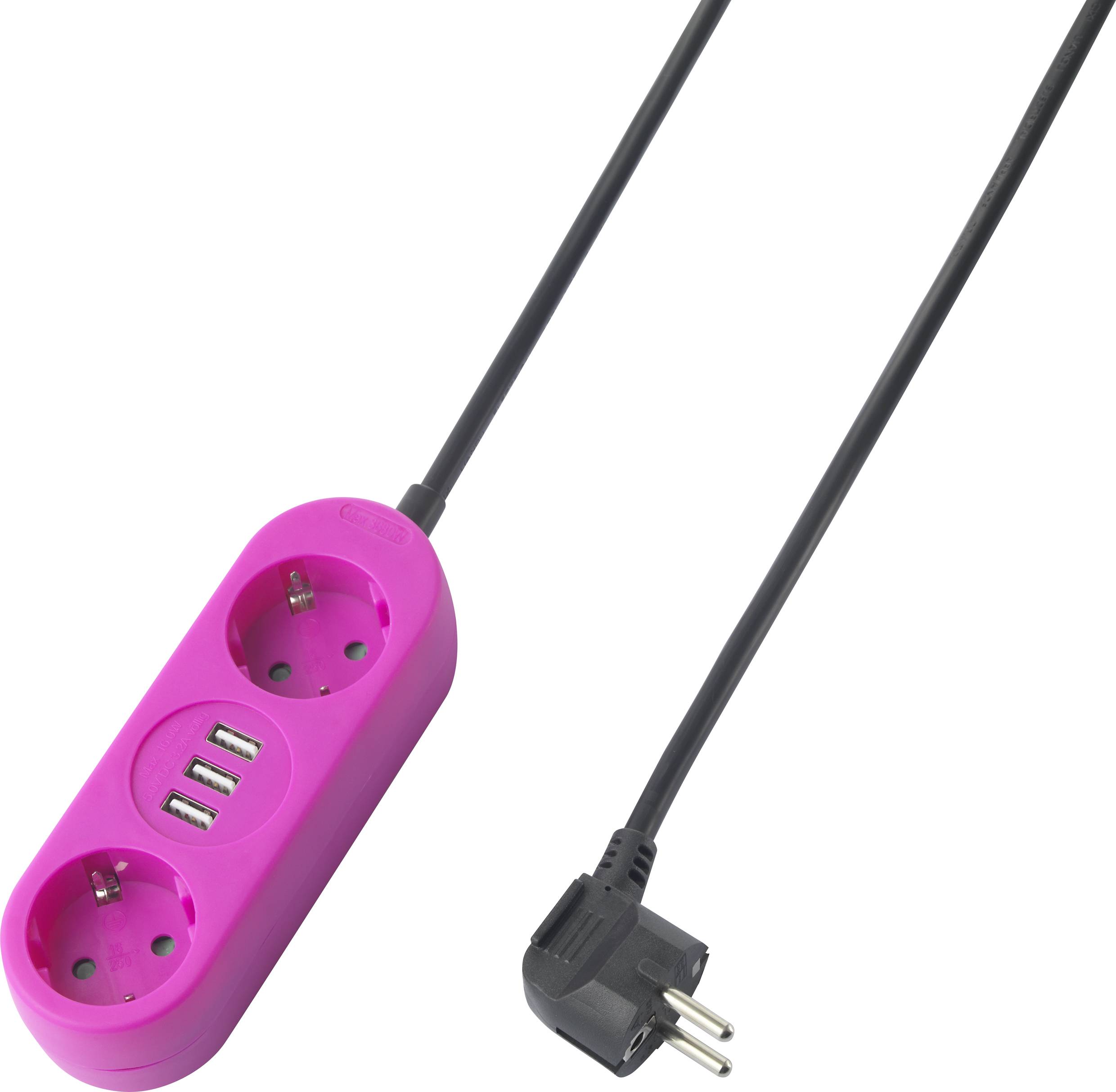 Pinkfarbige Steckdosenleiste mit zwei Schuko-Steckdosen und drei USB-Anschlüssen, schwarzes Netzkabel.