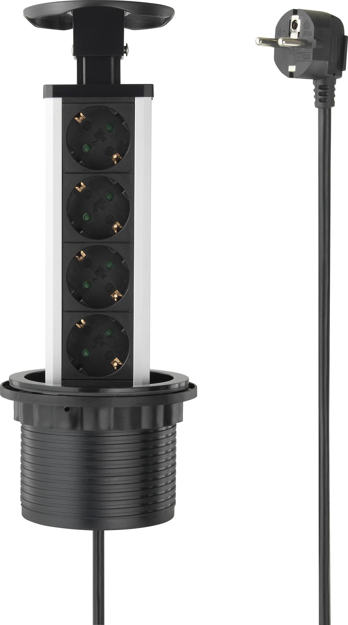 Mehrfachsteckdose mit vier Steckplätzen, ausziehbar, mit schwarzem Kabel und EU-Stecker. Designed zum Einbau in Oberflächen.