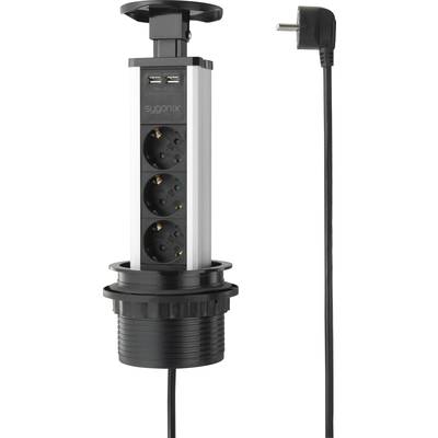 Ausziehbare Mehrfachsteckdose mit drei Steckplätzen, zwei USB-Anschlüssen und einem Stromkabel, geeignet für den Einbau in Arbeitsplatten.
