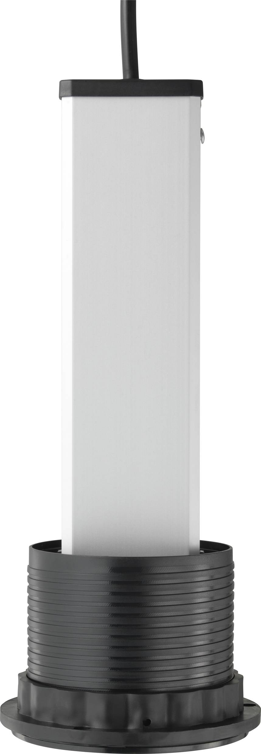 Eine graue, zylindrische Lampe mit schwarzem Sockel und Stromkabel, vermutlich eine Tisch- oder Bodenleuchte.