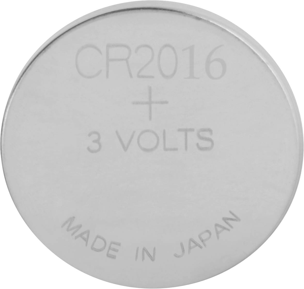 Knopfzelle mit Aufschrift 'CR2016 + 3 VOLTS MADE IN JAPAN'.