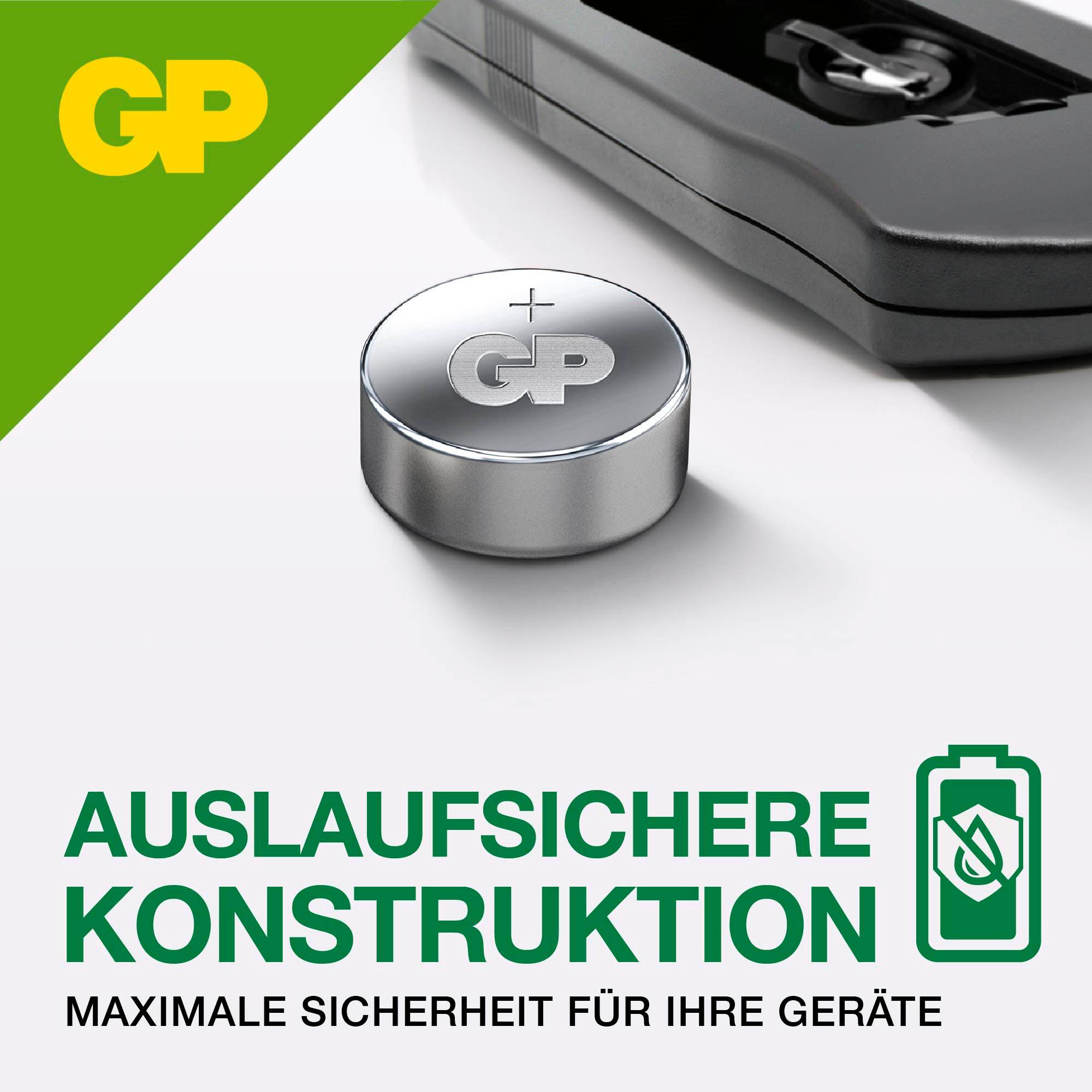 Ein rundes Batterieprodukt von GP, hervorgehoben für auslaufsichere Konstruktion. Text: 'Maximale Sicherheit für Ihre Geräte', daneben Batteriesymbol.