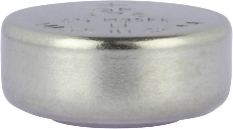 Silberne Knopfzellenbatterie, zylindrische Form, mit glatter Oberfläche. Text und Symbole sind oben graviert.
