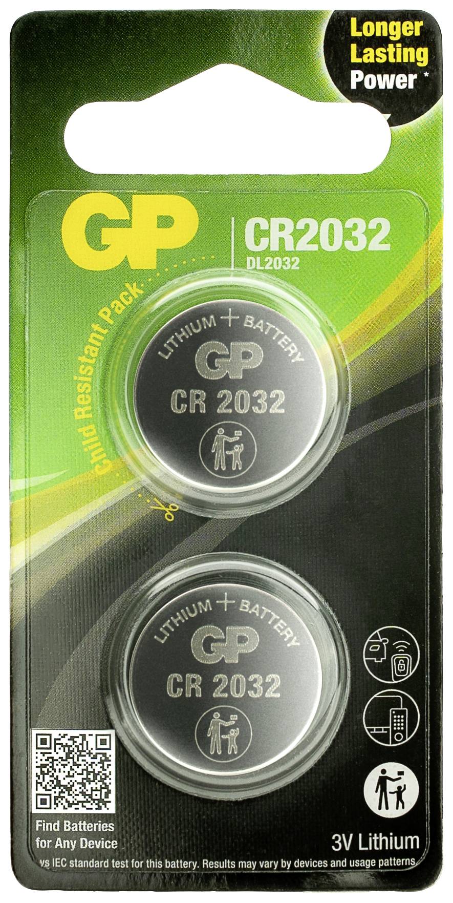 Zwei Knopfzellen-Batterien vom Typ CR2032 in einer Verpackung. Aufschrift: 'Longer Lasting Power', für verschiedene Geräte geeignet.