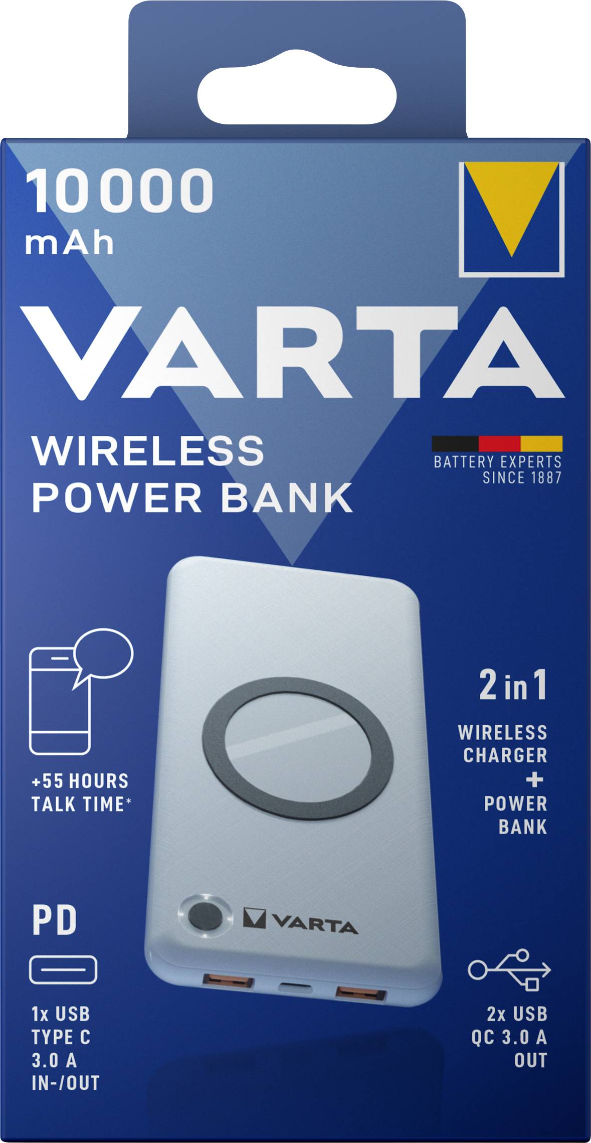 Varta - Induktive Power Bank - Li-Pol - 10000 mAh - 20 Watt - PD, Quick Charge 3.0 - 3 Ausgabeanschlussstellen (2 x USB,-1