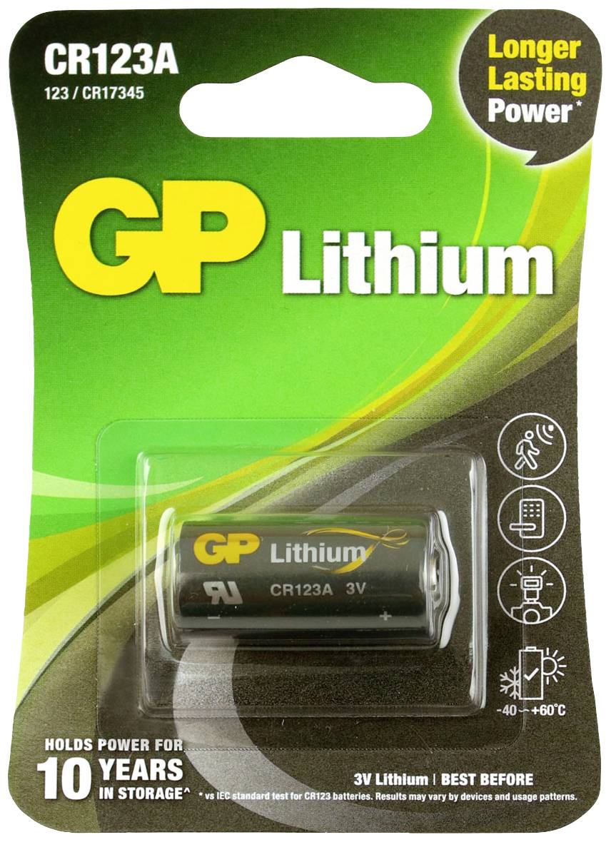 'GP Lithium' Batterie, Typ CR123A, 3V. Längehaltige Leistung und bis zu 10 Jahre Lagerzeit. Temperaturbereich: -40 bis +60°C.