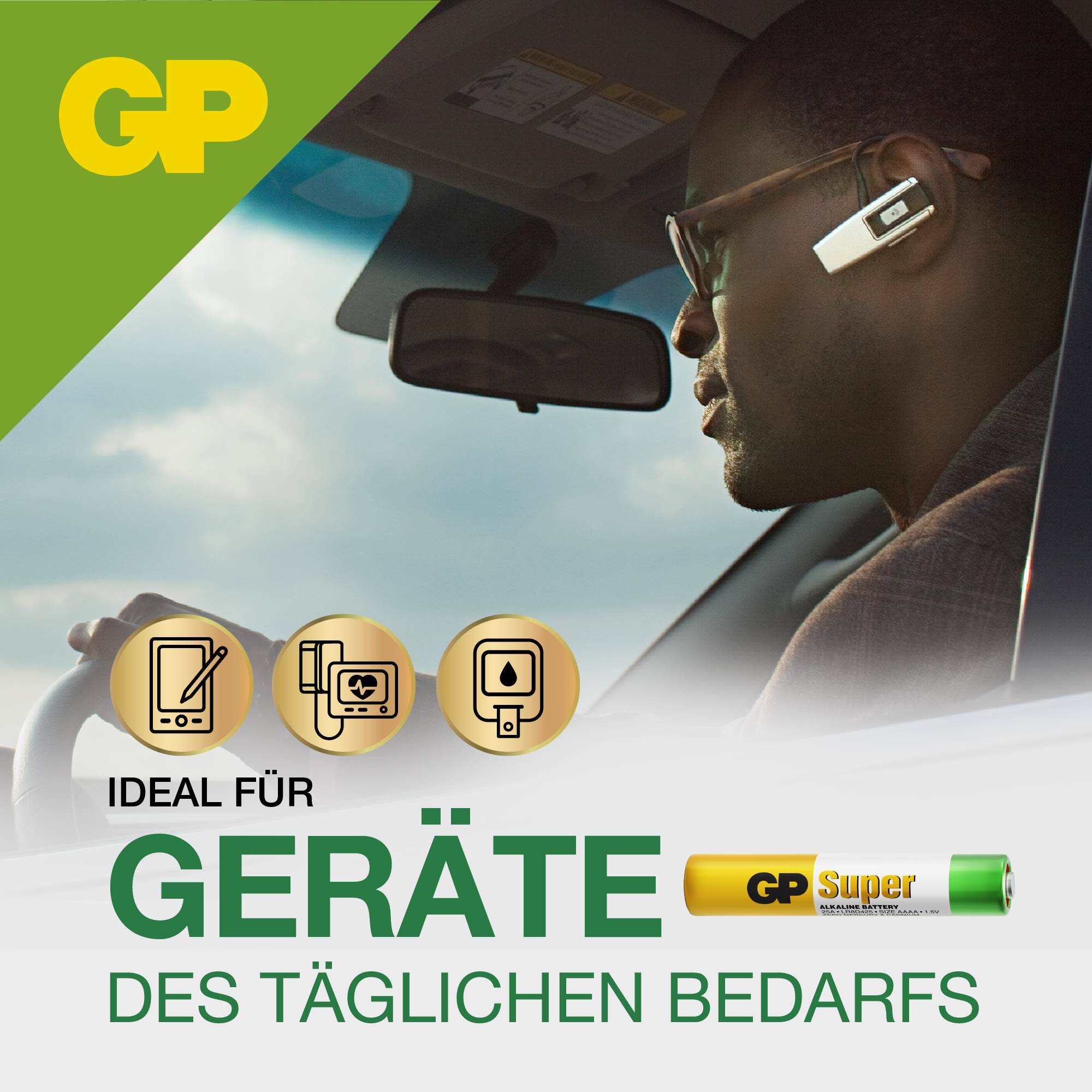 Mann im Auto trägt ein Bluetooth-Headset. Text: 'Ideal für Geräte des täglichen Bedarfs'. Markenlogo oben links und unten rechts.
