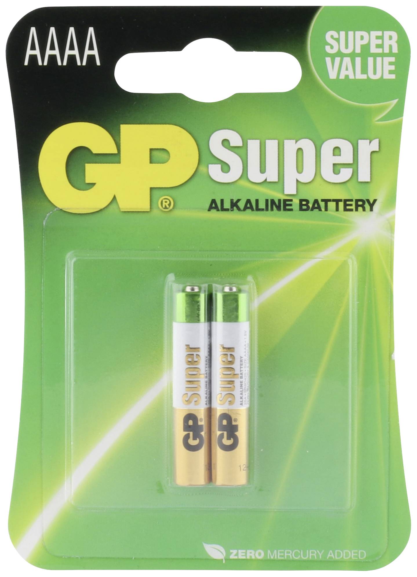 Verpackung mit zwei AAAA GP Super Alkaline-Batterien, grün-goldene Hülle. Aufschrift 'Super Value' und 'Zero Mercury Added'.