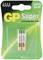 Verpackung mit zwei AAAA GP Super Alkaline-Batterien, grün-goldene Hülle. Aufschrift 'Super Value' und 'Zero Mercury Added'.