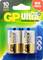 Zwei GP Ultra Plus Alkaline-Batterien in einer grünen Verpackung. Oben rechts steht 'Neue Formel'. Garantierte Lagerfähigkeit von 10 Jahren.
