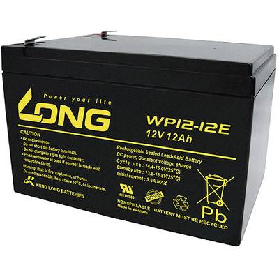 Eine schwarze 12V 12Ah Blei-Säure-Batterie mit gelbem Aufdruck 'LONG'. Enthält Vorsichtsmaßnahmen und Symbole für Recycling.