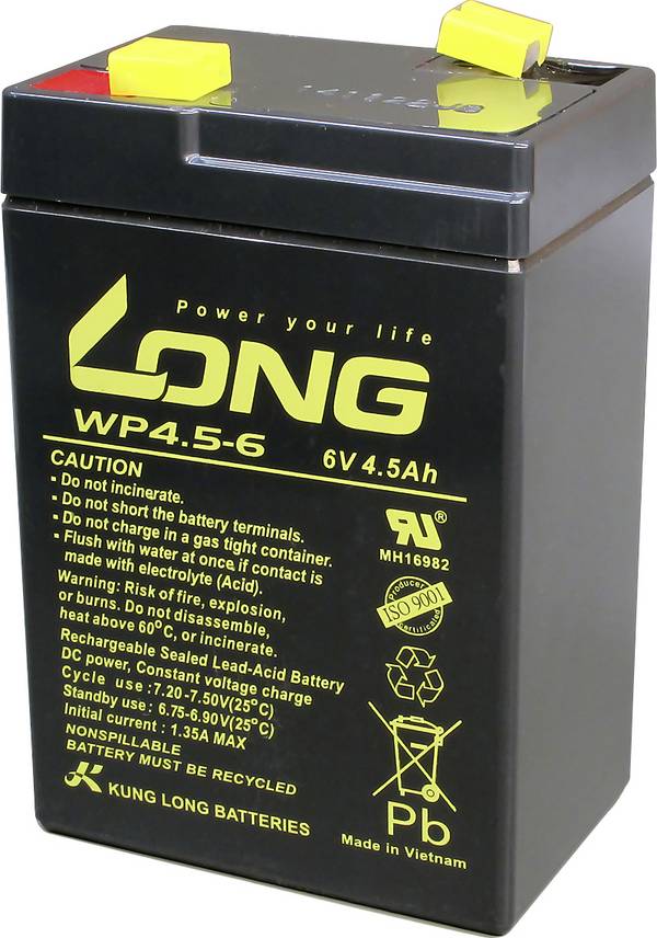 Long WP4.5-6 WP4.5-6 Bleiakku 6 V 4.5 Ah Blei-Vlies (AGM) (B x H x T) 70 x 106 x 47 mm Flachstecker 4.8 mm Geringe Selbstentladung, Wartungsfrei
