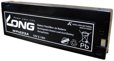Auf dem Bild ist eine versiegelte 12V Blei-Säure-Batterie mit 2,1 Ah von der Marke Long zu sehen, hergestellt in Taiwan.
