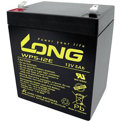 Schwarze 12V 5Ah Batterie mit gelber Aufschrift 'LONG WP5-12E'. Enthält Sicherheitshinweise, Symbole und Herstellungsdetails.