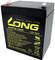 Schwarze 12V 5Ah Batterie mit gelber Aufschrift 'LONG WP5-12E'. Enthält Sicherheitshinweise, Symbole und Herstellungsdetails.