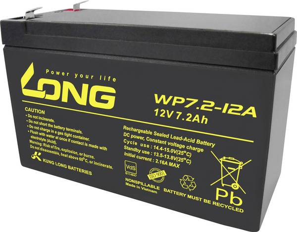 Long WP7.2-12A/F2 WP7.2-12A/F2 Bleiakku 12 V 7.2 Ah Blei-Vlies (AGM) (B x H x T) 151 x 102 x 65 mm Flachstecker 6.35 mm VDS-Zertifizierung, Geringe Selbstentladung, Wartungsfrei