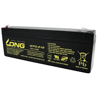 Schwarze Langzeitbatterie mit gelber Aufschrift 'LONG WP2.2-12 12V 2.2Ah'. Warnhinweise und Recycling-Symbole sind sichtbar.