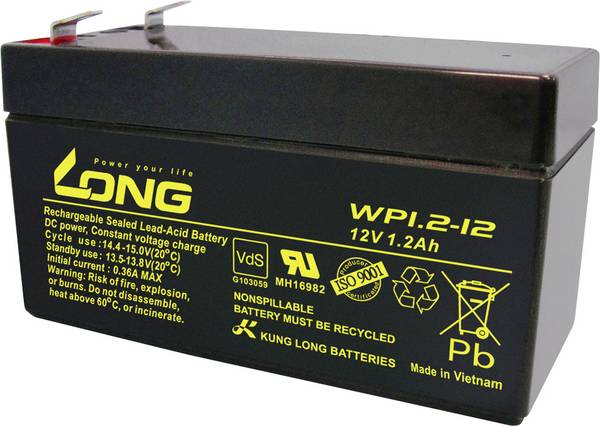 Long WP1.2-12 WP1.2-12 Bleiakku 12 V 1.2 Ah Blei-Vlies (AGM) (B x H x T) 97 x 59 x 43 mm Flachstecker 4.8 mm VDS-Zertifizierung, Geringe Selbstentladung, Wartungsfrei
