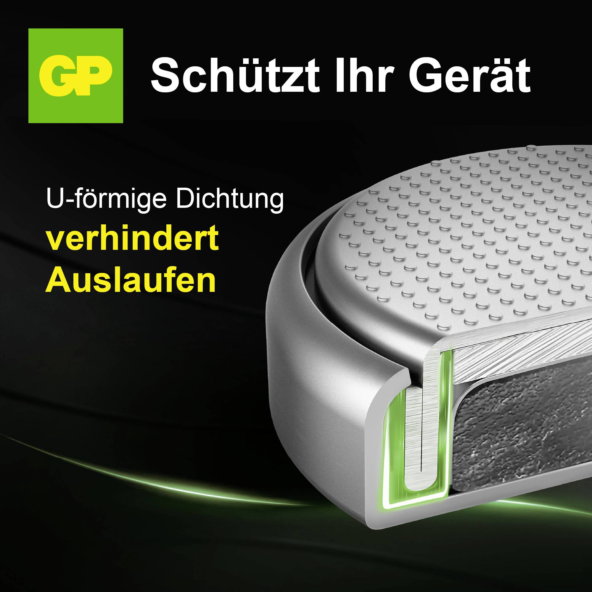 Werbeanzeige für GP: U-förmige Dichtung schützt das Gerät und verhindert Auslaufen; zeigt einen Batteriedetail-Querschnitt.
