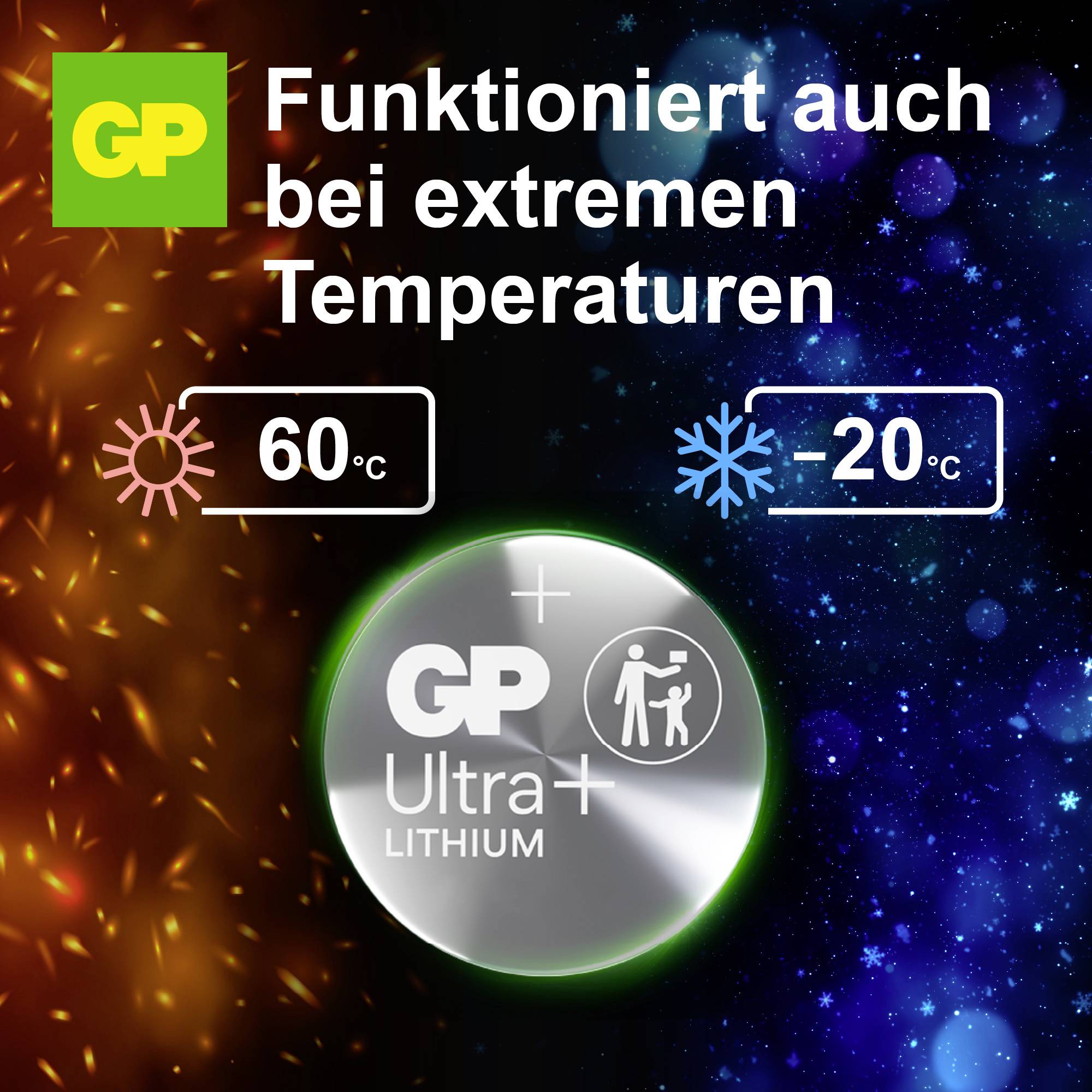 Werbung für GP Ultra+ Lithium-Batterie: 'Funktioniert auch bei extremen Temperaturen', Einsatz von 60 °C bis -20 °C.<br>