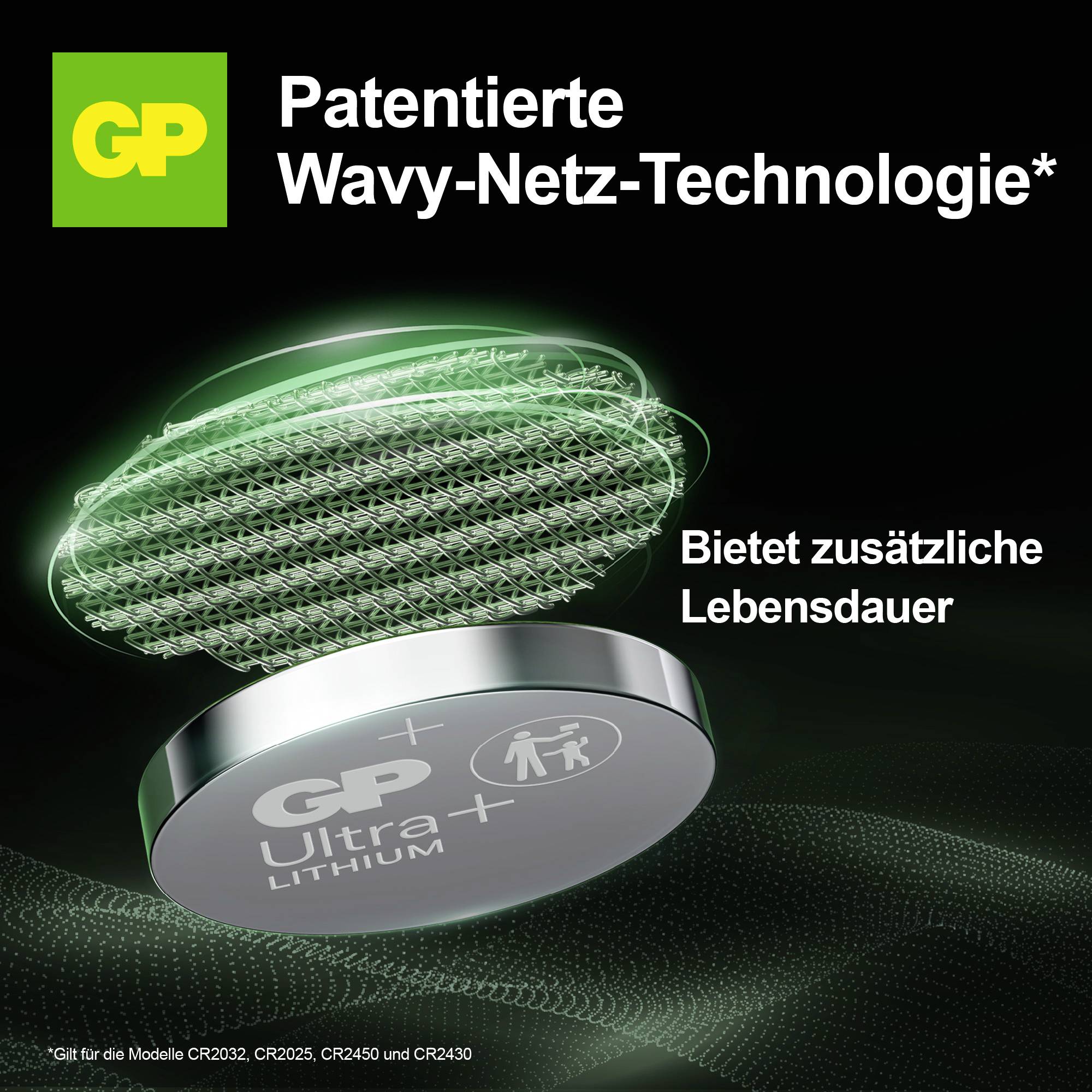 Werbegrafik für GP Ultra+ Lithium-Batterien mit 'patentierter Wavy-Netz-Technologie', die eine längere Lebensdauer verspricht.