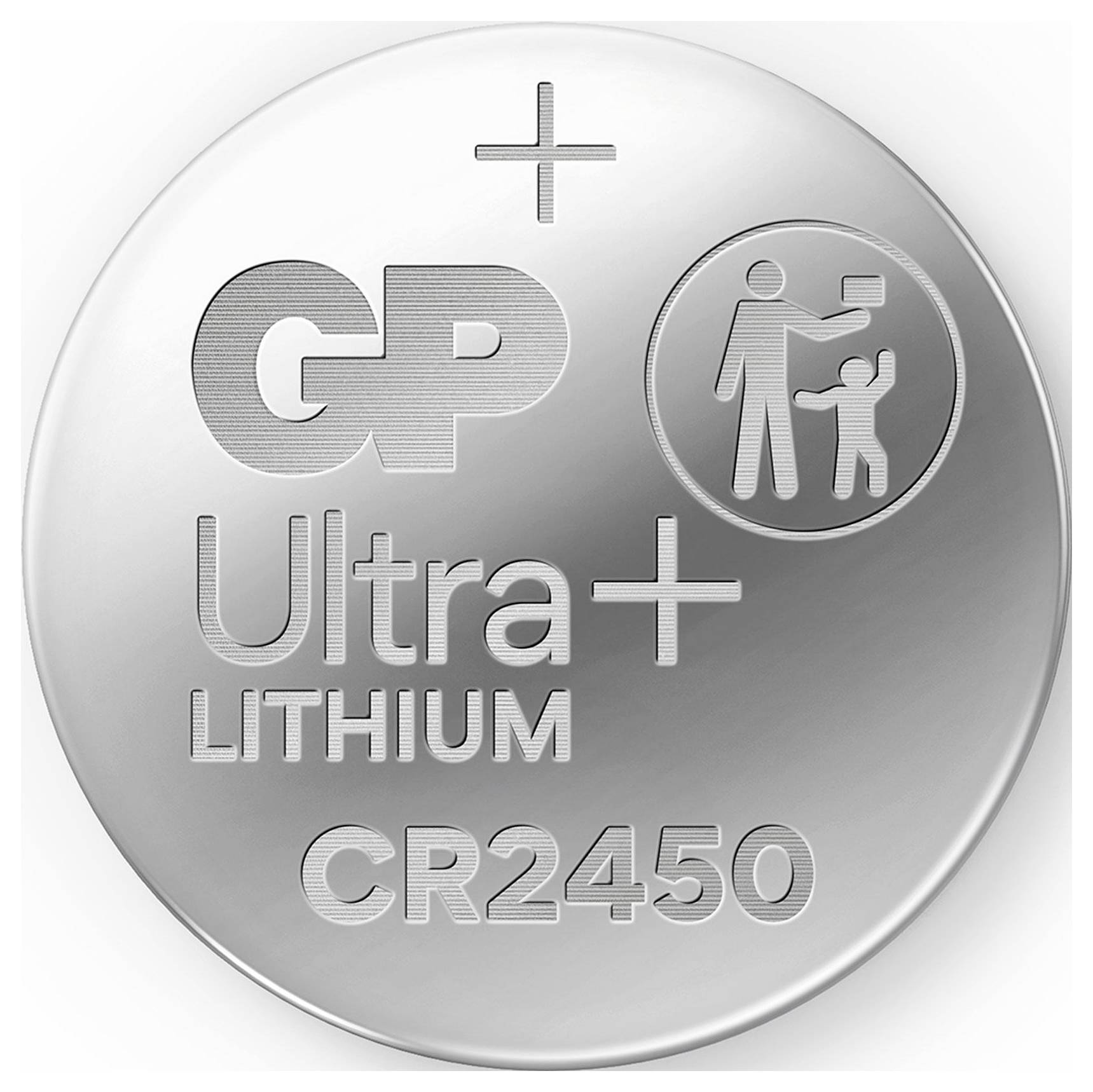 Silberne CR2450-Knopfzelle mit Aufdruck 'GP Ultra+ Lithium' und Kindersicherheits-Symbol.