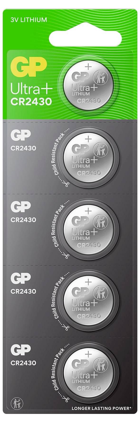 Vier GP Ultra+ CR2430 Knopfzellen in einer Verpackung, grün oben und grau darunter, mit der Aufschrift 'LONGER LASTING POWER'.