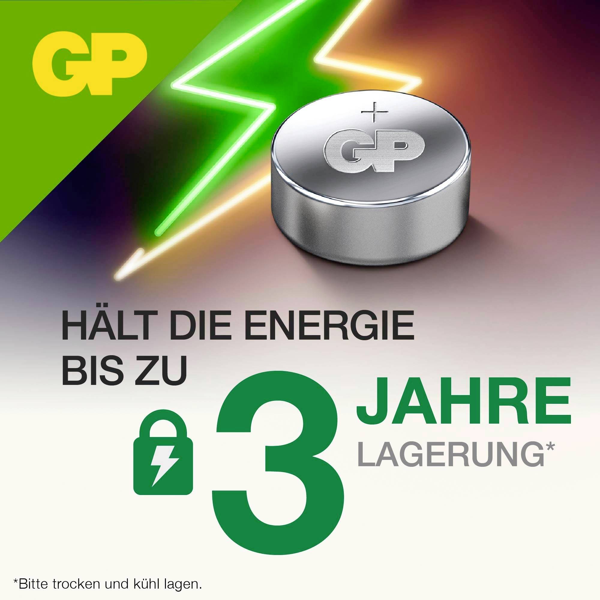 Werbeanzeige für GP-Batterien: Batterie und leuchtender Blitz, Text 'HÄLT DIE ENERGIE BIS ZU 3 JAHRE LAGERUNG'.