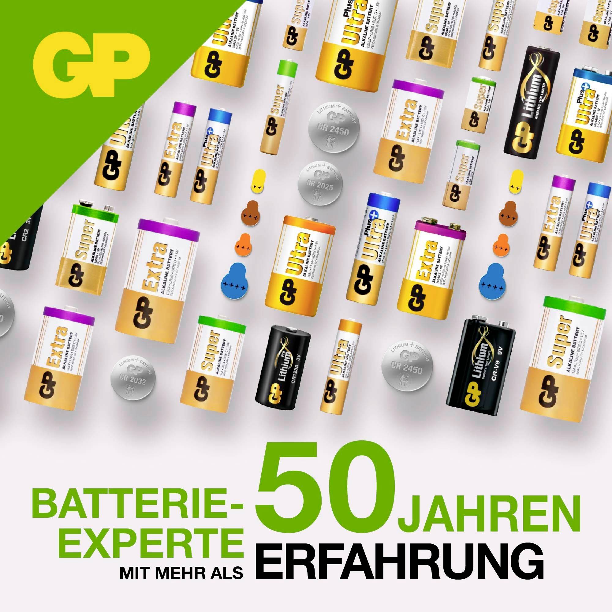 Werbegrafik mit vielen GP-Batterien und dem Text 'Batterie-Experte mit mehr als 50 Jahren Erfahrung'.