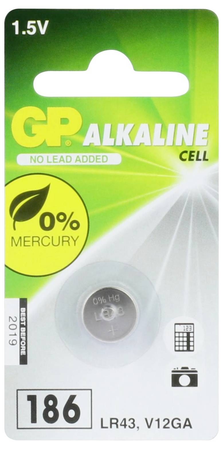 Verpackung einer 1,5V GP Alkaline-Zelle, Typ LR43/V12GA, mit Aufdruck '0% Mercury' und Artikelnummer 186.