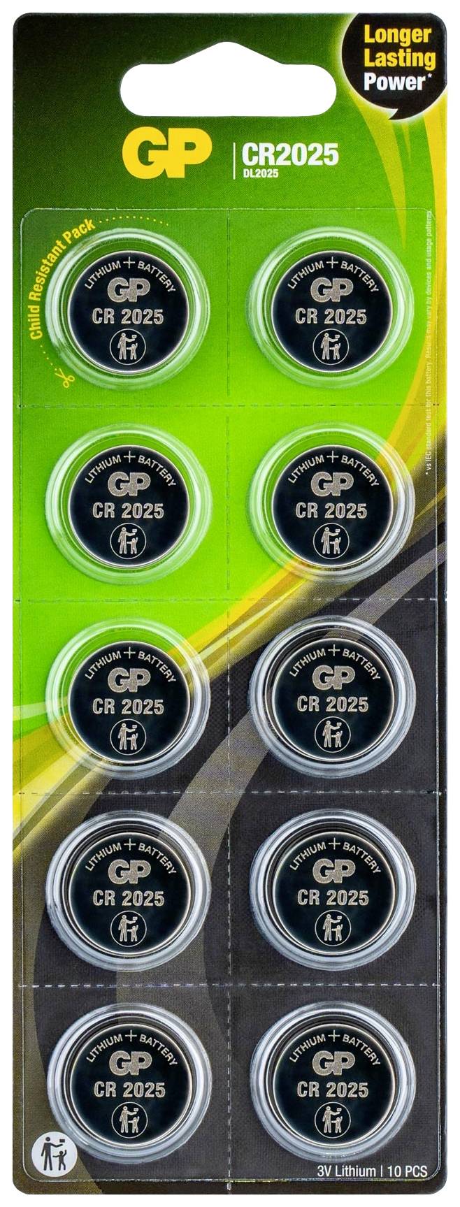 Blisterpackung mit zehn CR2025 Lithium-Knopfzellen von GP mit der Aufschrift 'Longer Lasting Power'.