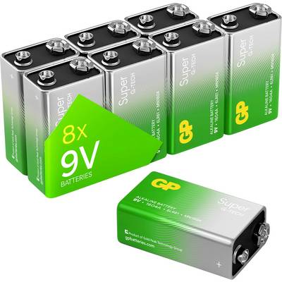 Acht 9V-Batterien in einer grünen Verpackung und eine einzelne 9V-Batterie von GP Super Cell Tech.<br>