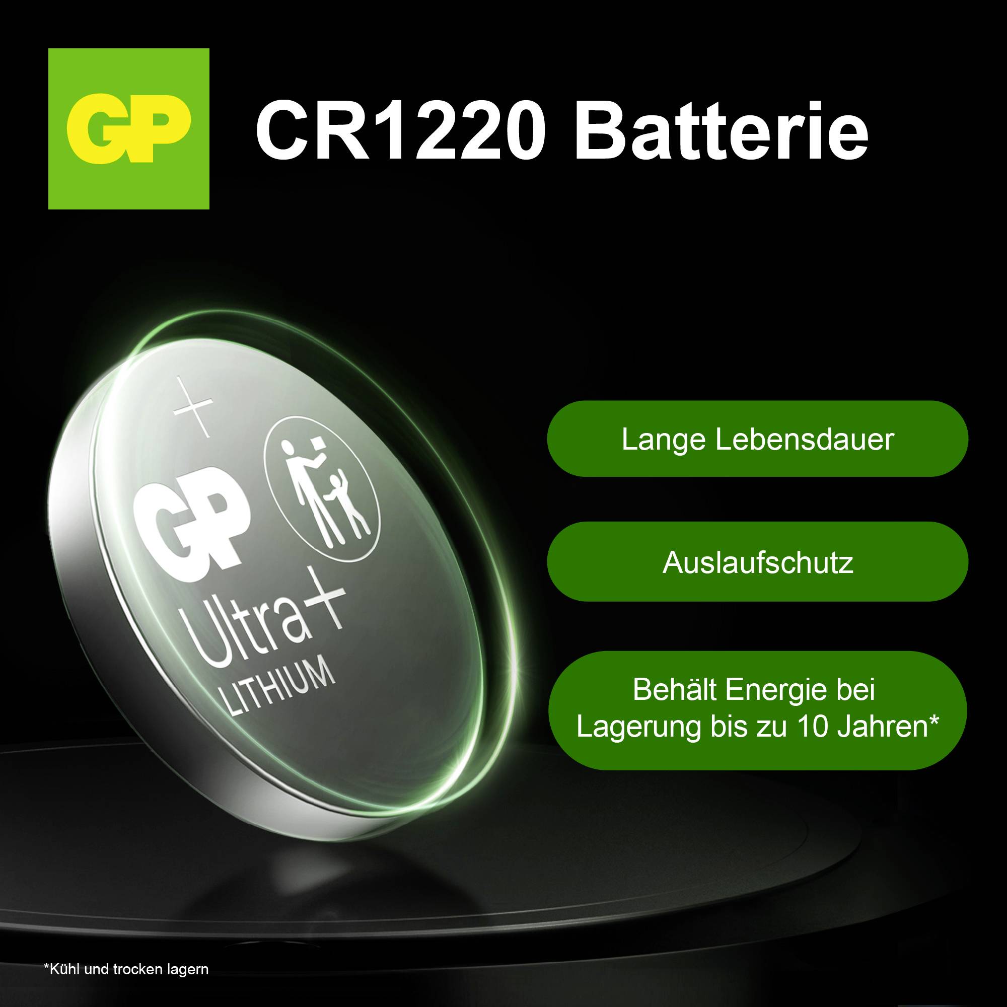 Werbeanzeige für GP CR1220 Batterie mit Knopfzelle und Texten: 'Lange Lebensdauer', 'Auslaufschutz', 'Behält Energie bei Lagerung bis zu 10 Jahren*'.