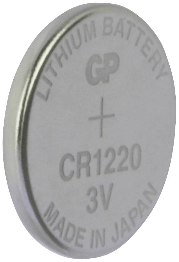 Lithium-Knopfzelle mit der Aufschrift 'CR1220 3V, Made in Japan'.