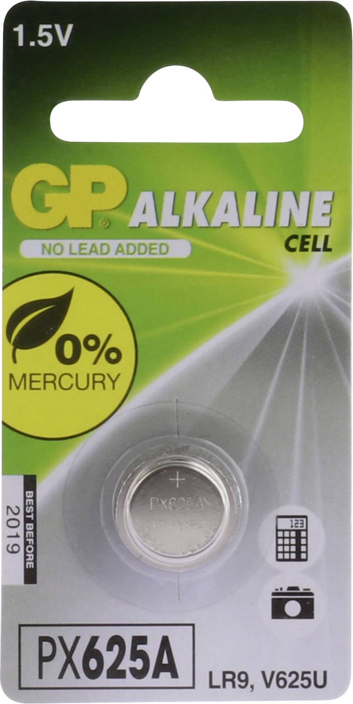 'GP Alkaline' 1,5V Knopfzelle, Modell PX625A. Verpackung weist auf quecksilberfrei hin. Geeignet für Kameras. Ablaufdatum 2019.