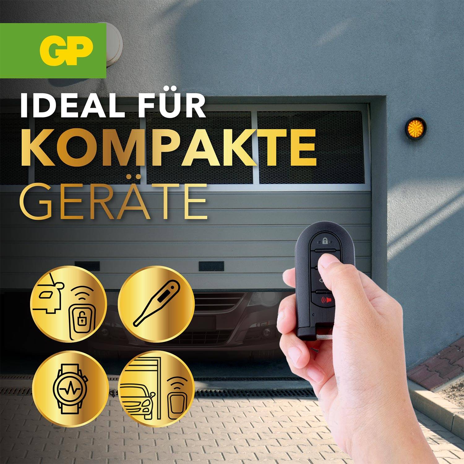 Eine Hand hält eine Fernbedienung vor einer Garagentür. Text: 'Ideal für kompakte Geräte'. Symbole für diverse elektronische Geräte.