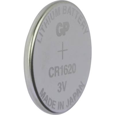 Runde Lithium-Knopfzelle vom Typ CR1620 mit der Aufschrift '3V, Made in Japan'.