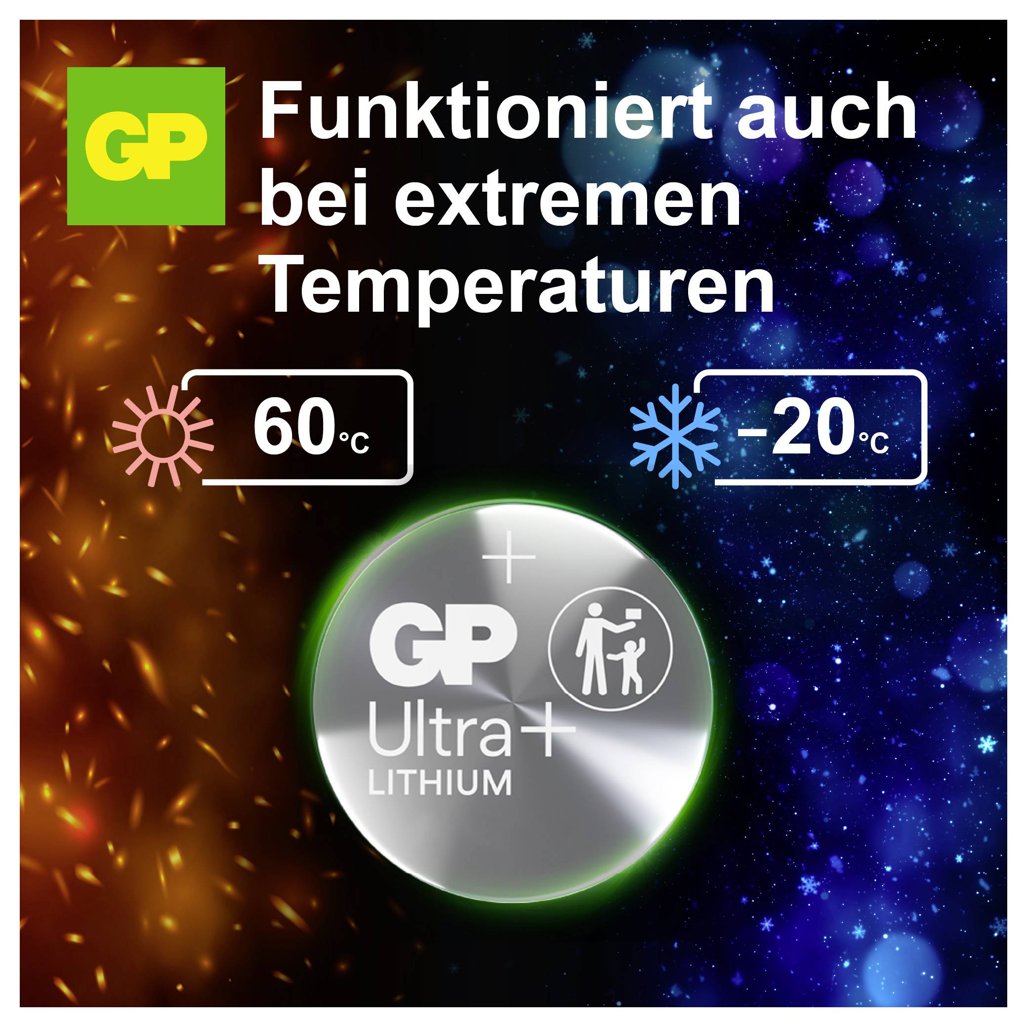 Werbegrafik für GP Ultra+ Lithium-Batterien: 'Funktioniert auch bei extremen Temperaturen' bei 60 °C und -20 °C.<br>
