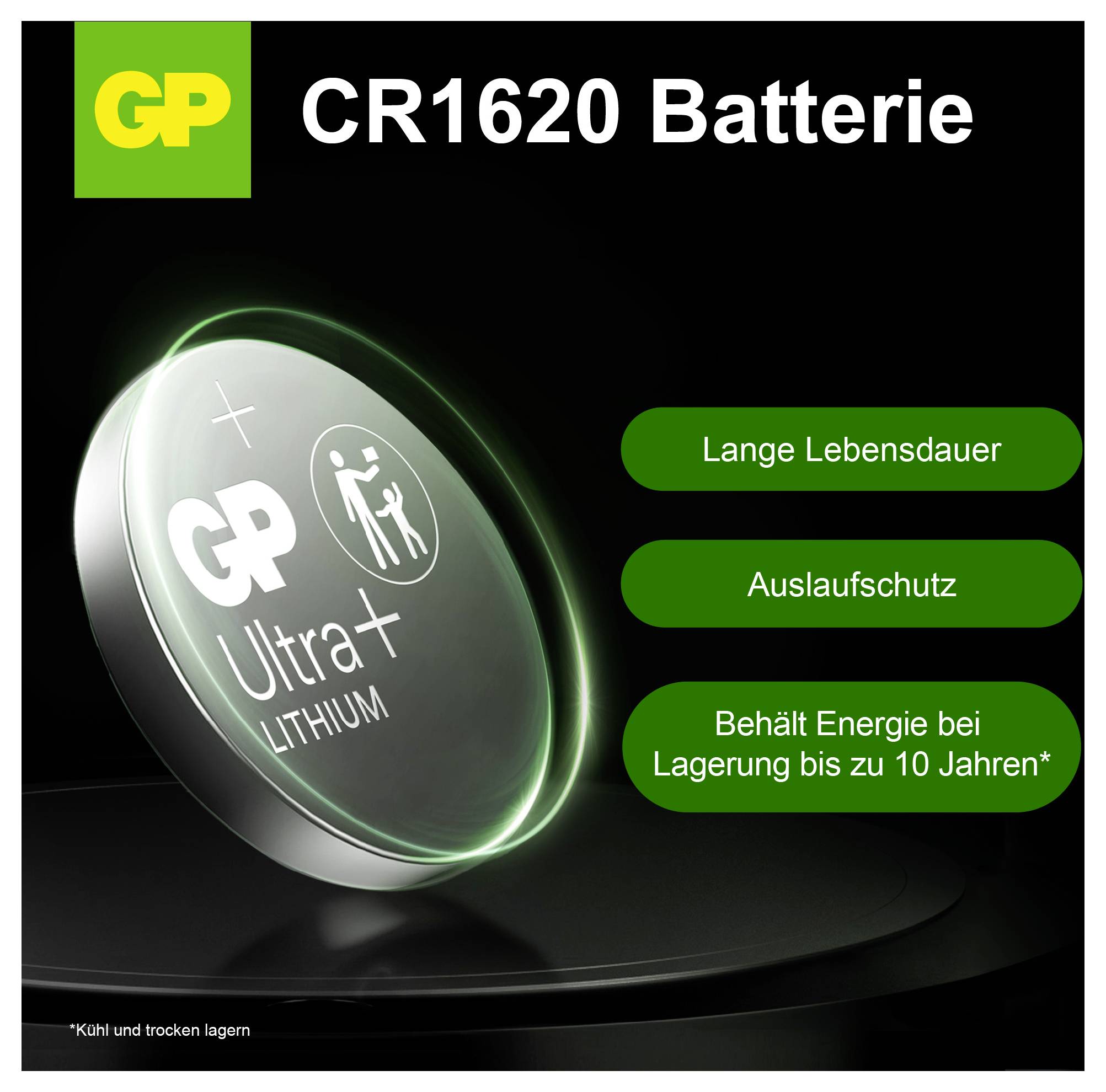 Werbung für eine CR1620-Batterie von GP Ultra Lithium mit den Vorteilen 'Lange Lebensdauer', 'Auslaufschutz' und Lagerung bis zu 10 Jahren.