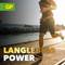 Person beim Joggen auf einer sonnigen Promenade, im Hintergrund ein modernes Gebäude. Text 'Langlebige Power'.