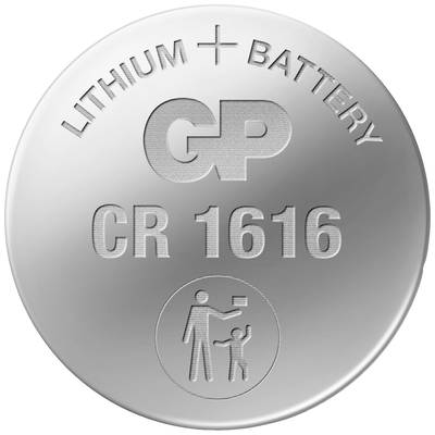 'CR 1616 Lithium-Batterie' zeigt einen Warnhinweis: Symbol eines Erwachsenen, der eine kleine Batterie über einem Kind hält.