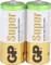 Zwei AA-Alkaline-Batterien, Marke 'GP Super', mit grüner und goldener Ummantelung. Text: 'Alkaline Battery', 'Zero Mercury & Cadmium'.