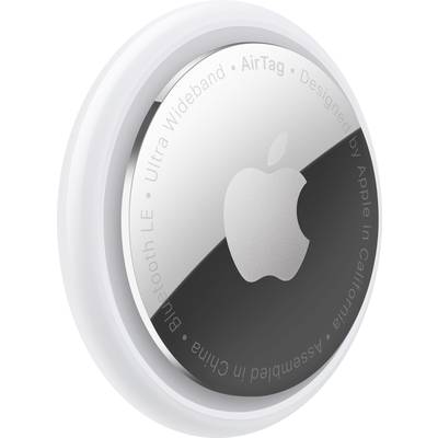 Ein runder, silberner Tracker mit einem Apfel-Logo in der Mitte. Aufschrift: 'Ultra Wideband', 'AirTag', 'Designed by Apple in California'.