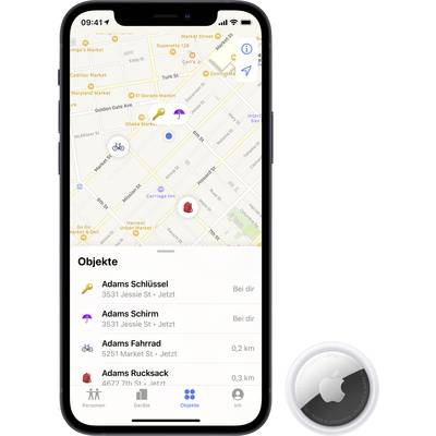 iPhone zeigt 'Wo ist?' App mit Karte und Orten von Gegenständen wie Schlüssel, Schirm, Fahrrad und Rucksack. Apple AirTag abgebildet.
