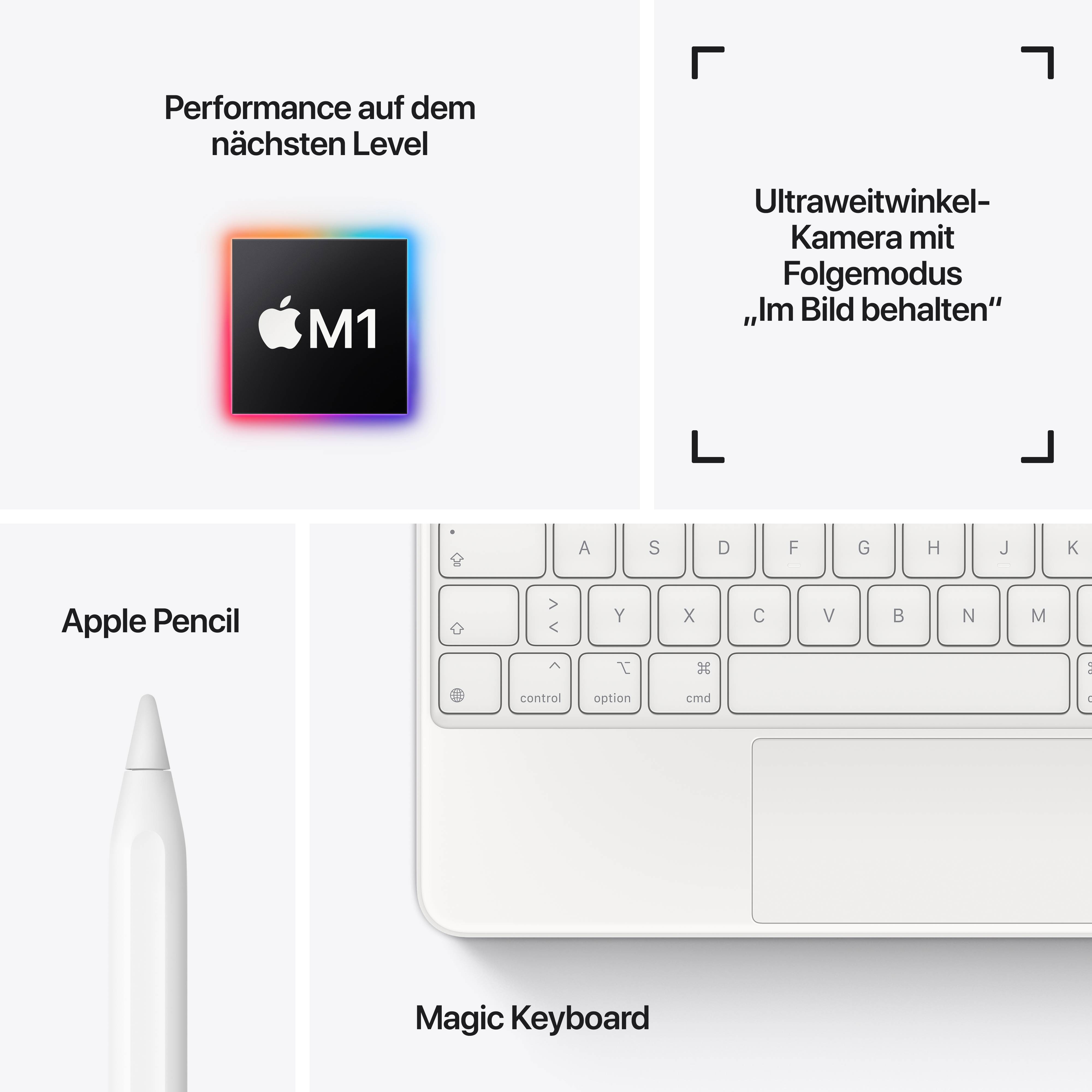 'Apple M1' Logo oben links mit Text 'Performance auf dem nächsten Level'. Rechts ultrawide Kamera. Unten links 'Apple Pencil', unten rechts 'Magic Keyboard'.