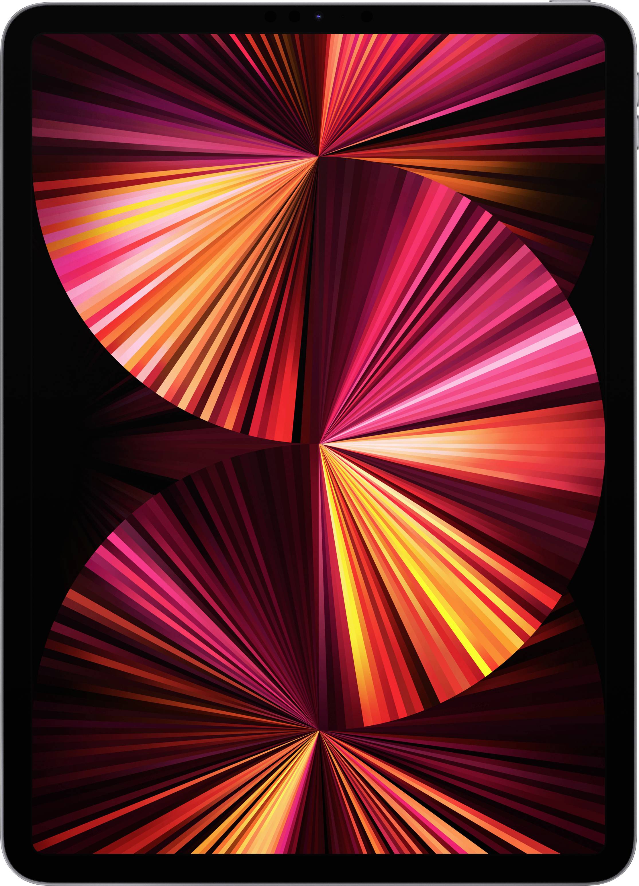 'Illustration eines Tablets mit buntem, spiralförmigem Design auf dem Bildschirm in Rot-, Gelb- und Orangetönen.'