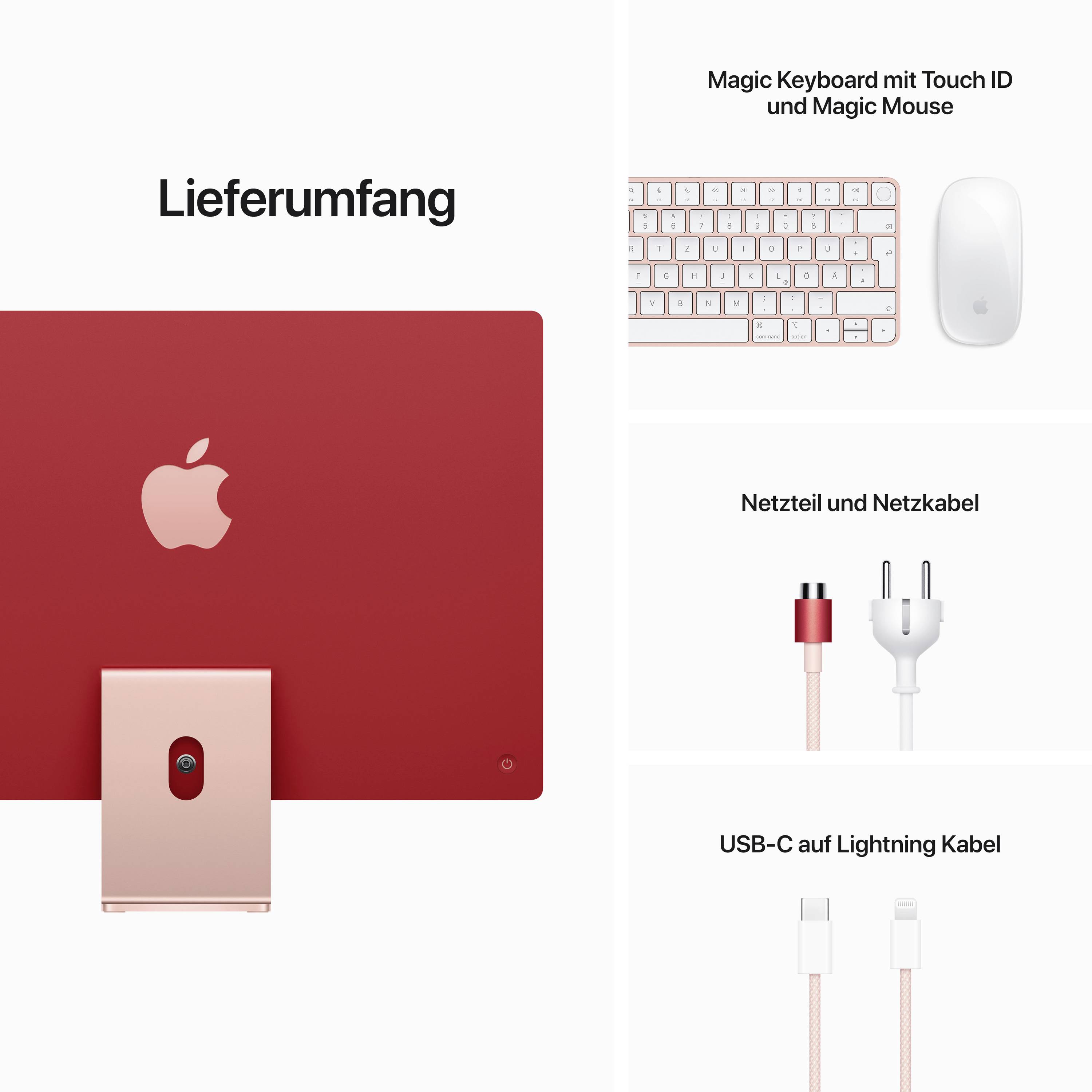 Roter iMac mit Magic Keyboard und Mouse; zeigt Lieferumfang mit Netzteil, Netzkabel, USB-C- und Lightning-Kabel.