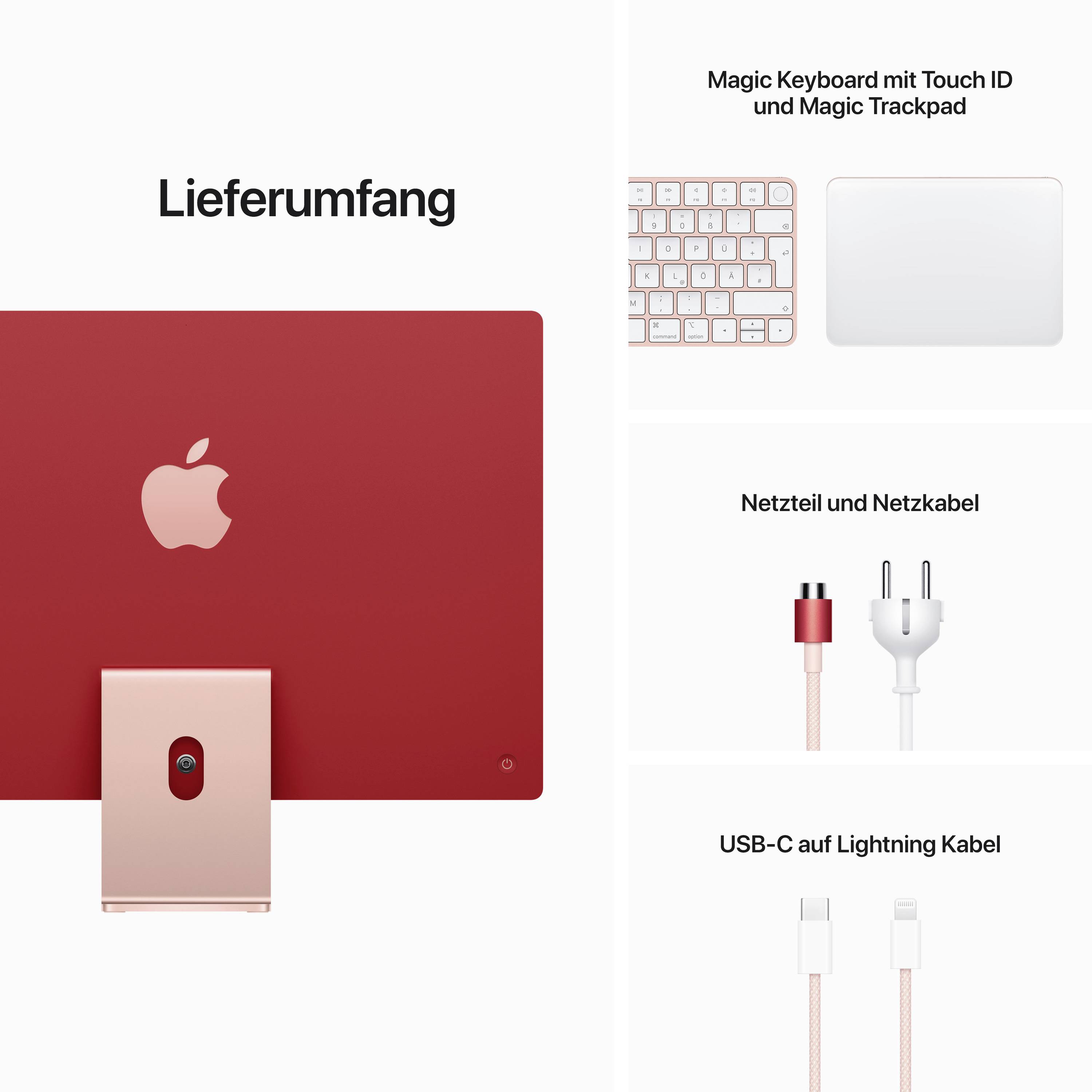 'Lieferumfang': Roter iMac von hinten, daneben Magic Keyboard mit Touch ID, Magic Trackpad, Netzkabel und USB-C auf Lightning Kabel.
