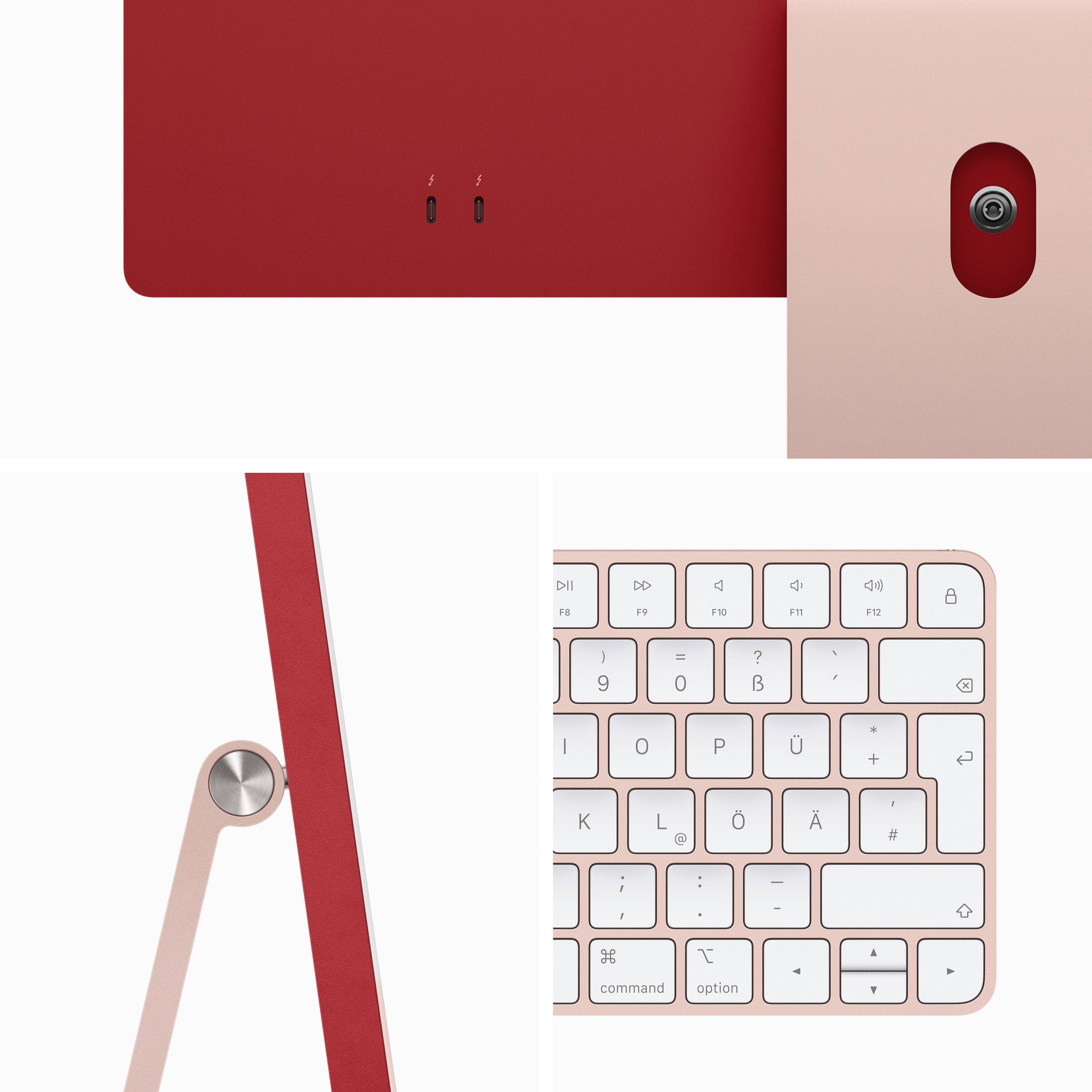Teilansichten eines rosafarbenen Computers mit schlankem Design und passender Tastatur. Zeigt Details von Rückseite, Standfuß und Tastatur.