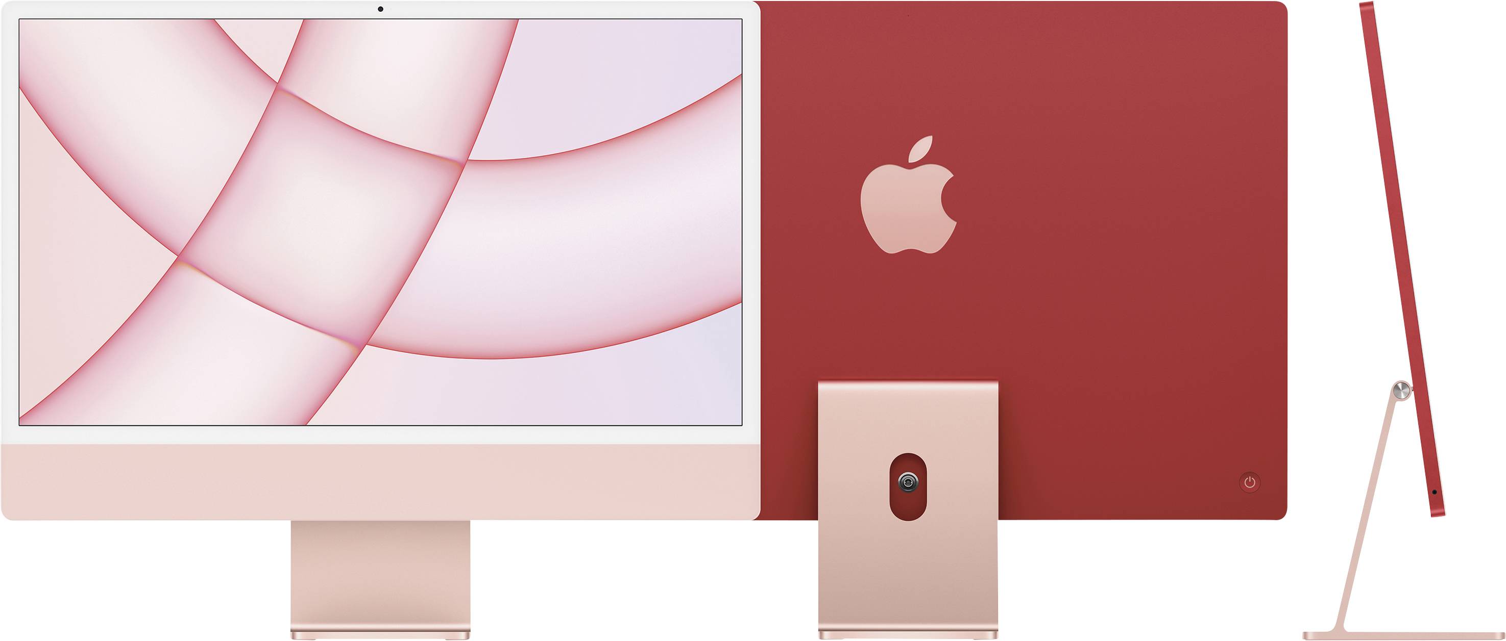 Ein roter Computer mit großem Bildschirm, seitlicher und rückseitiger Ansicht. Er zeigt ein stilisiertes rosarotes Hintergrundbild.